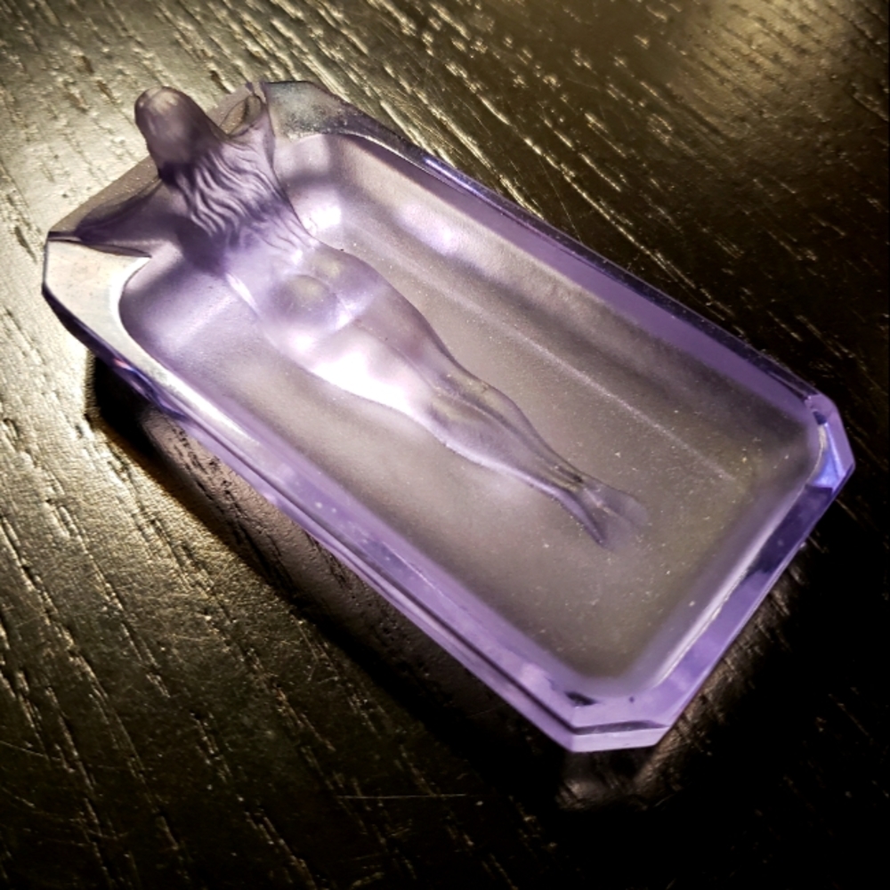 Desna Czech Lead Crystal Antique Purple Nude Woman Jewelry Dish Art Deco Vintage